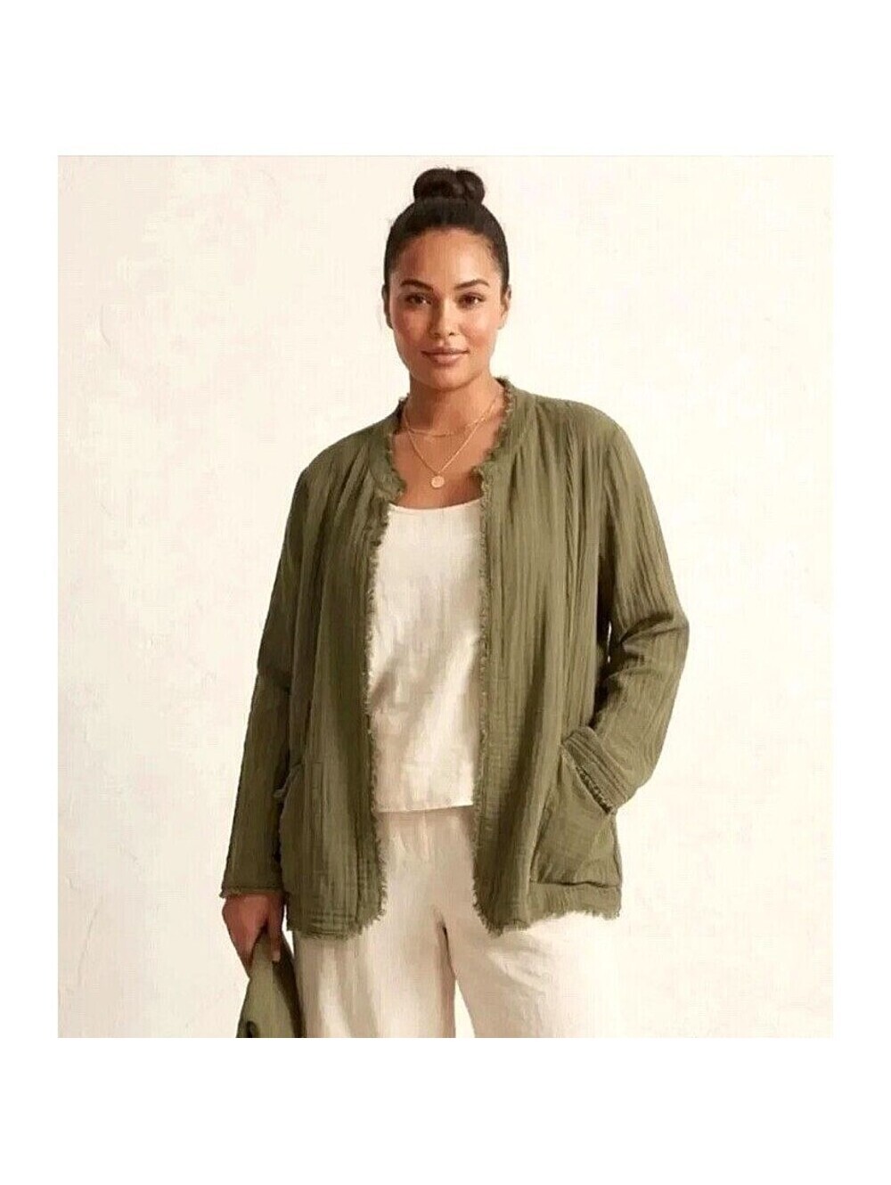J. Jill Cotton Gauze Olive Jacket Pockets Raw Edge Sz Small Beachy Earthy